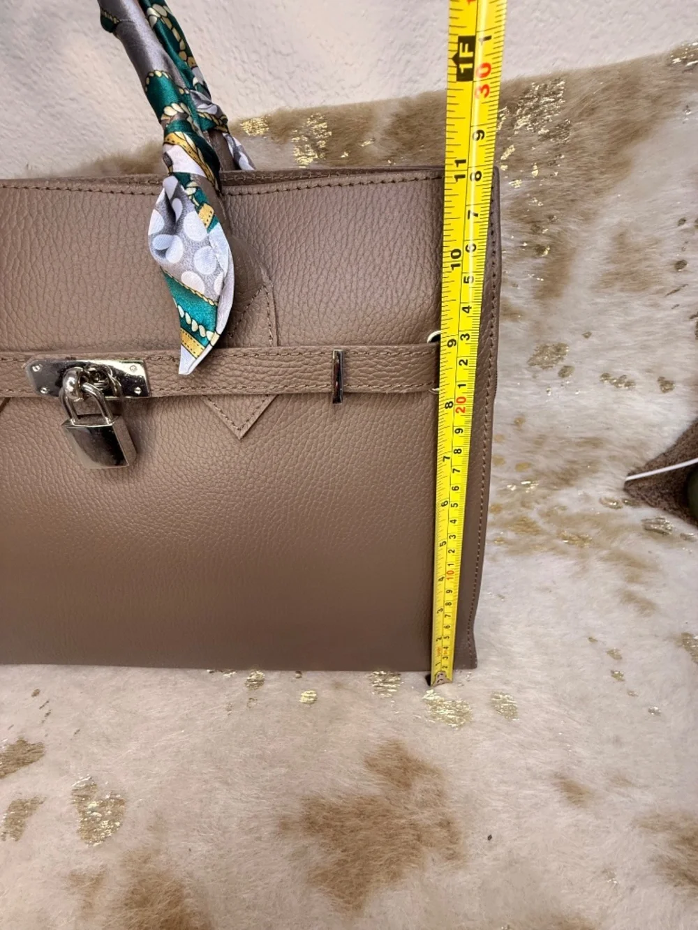 Top Handle Gray Beige Italian Leather Lock Tote Zip Closure Three‎ Compartments